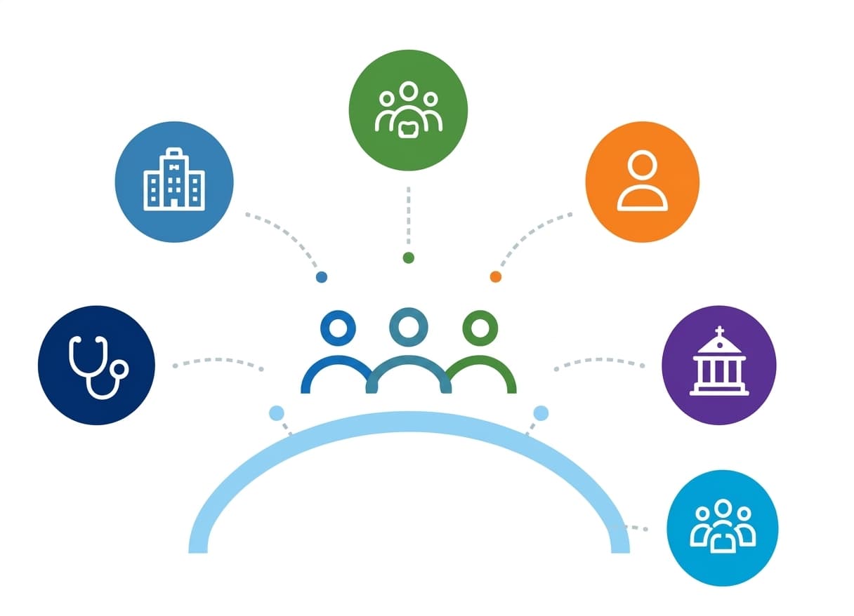 Six colored icons representing providers, families, care managers, health plans, government programs, and community partners, connected to a central group icon.