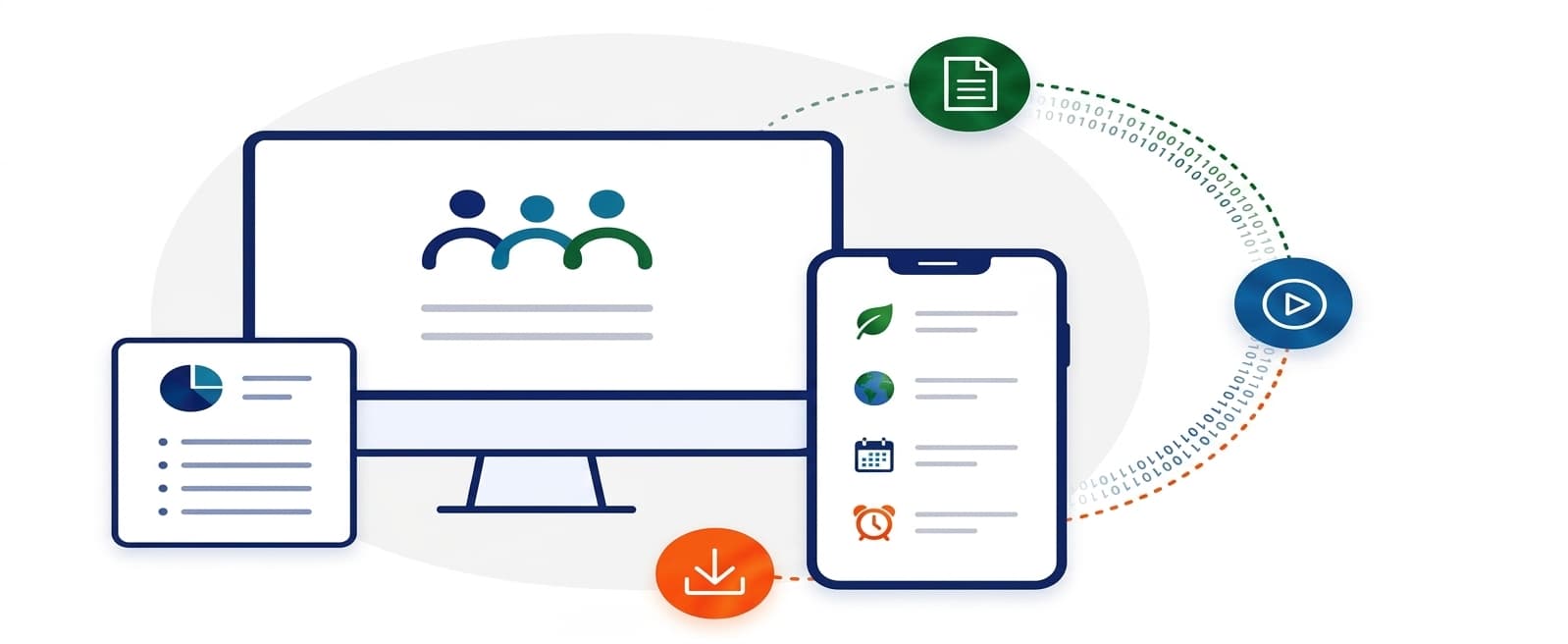 Illustration of a desktop and phone displaying CareBridge resources, connected to document, video, and download icons.